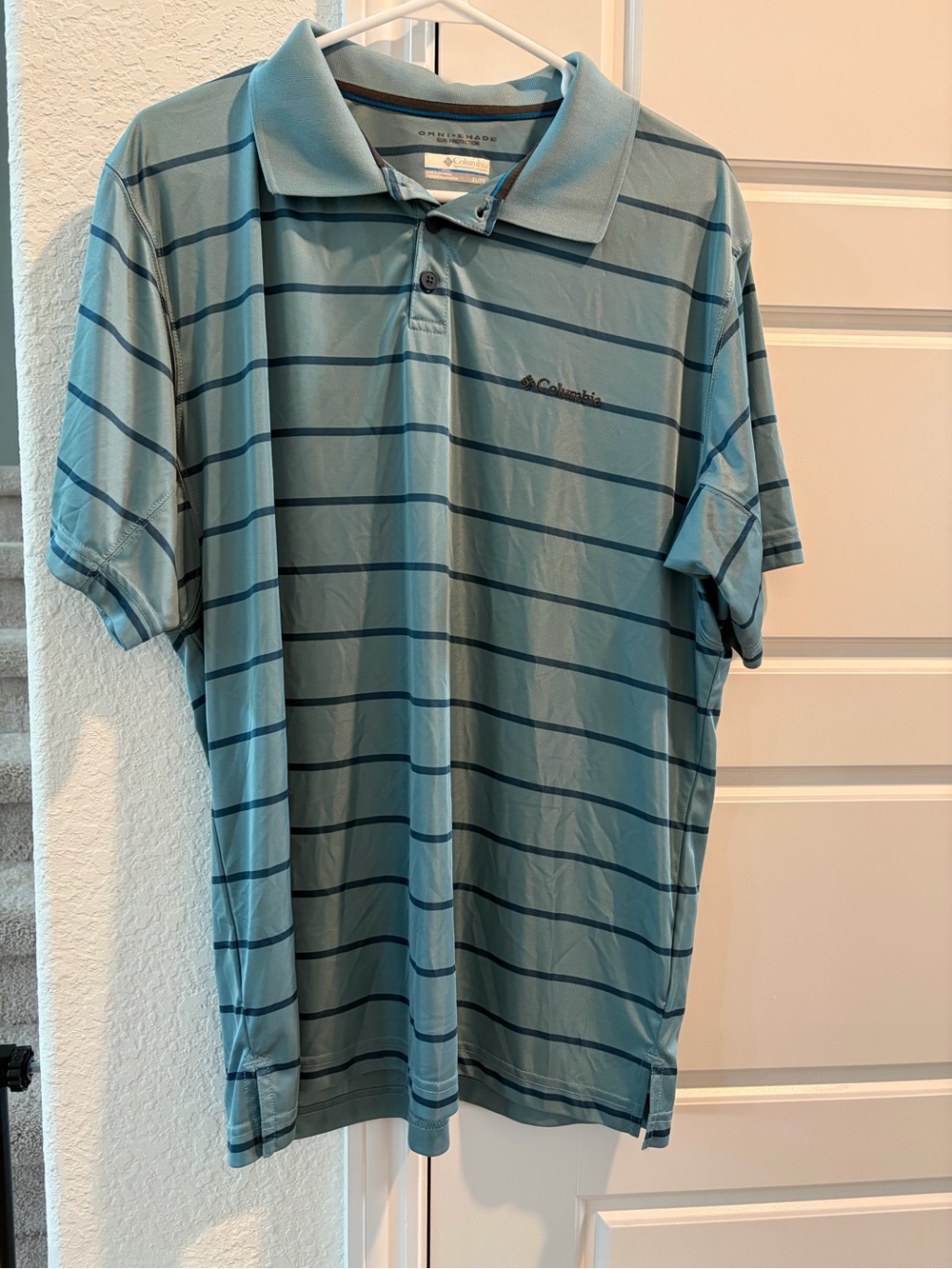 Columbia Light Blue and Navy Striped Polo